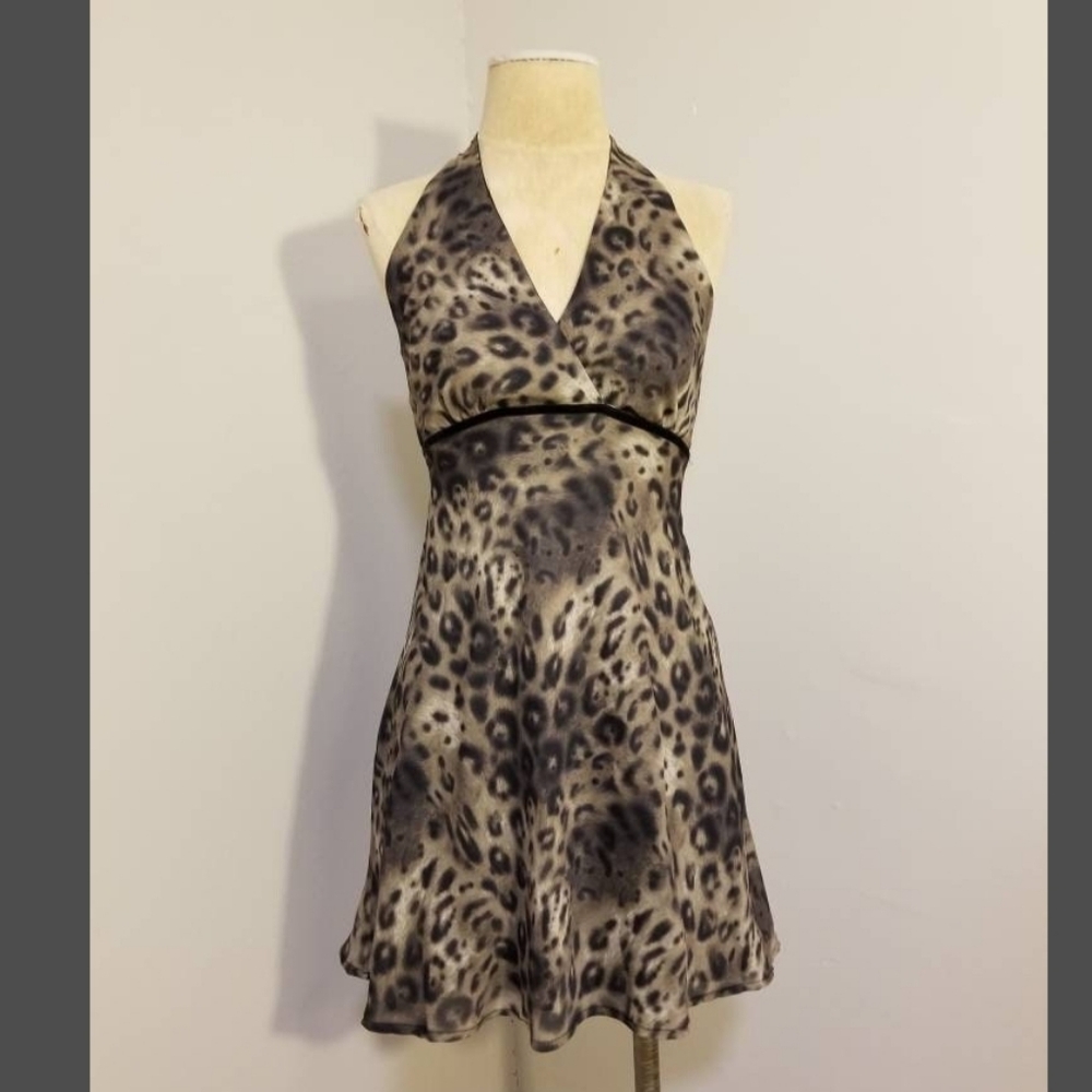 Vintage 90s Chic Leopard Print Halter Mini Dress Clueless Spice Girls Bow Tie